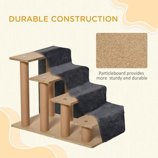 Four-Step Dog Stairs, with Washable Plush Cover, for High Bed Sofa, Dog Stairs for Small Dog and Cat - Dark Grey