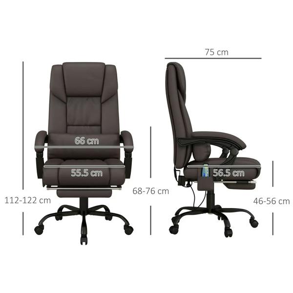 Brown massage office chair with adjustable height, armrests, and retractable footrest