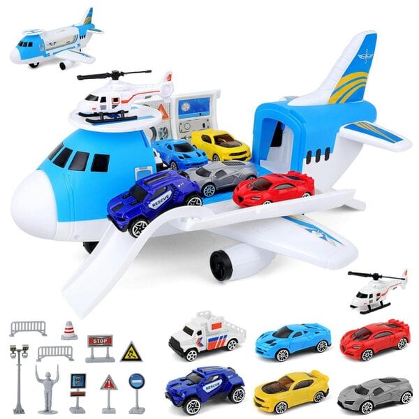 deAO Toys ransport Cargo DIY Plane Car Toy Play Set with Ramp and 4 Mini Car, 1 Helicopter Included - 3+ - Toy plane  - blue & white