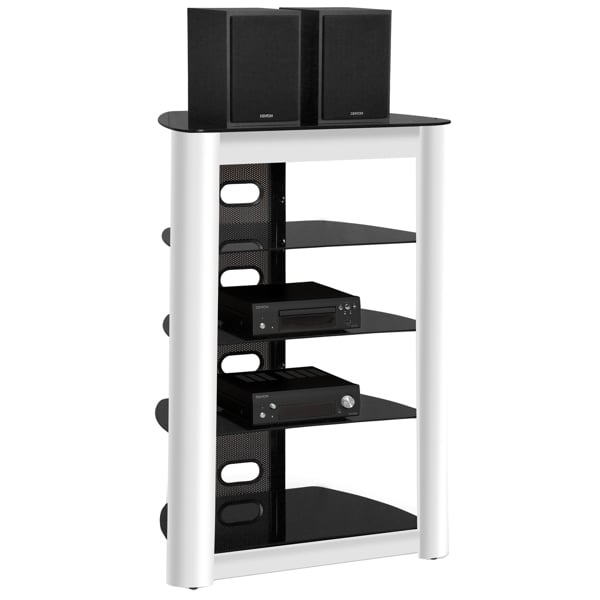 Centurion Supports ZINNIA 5-Tier Black Glass Shelves with Gloss White Fascia Entertainment Media Audio Rack