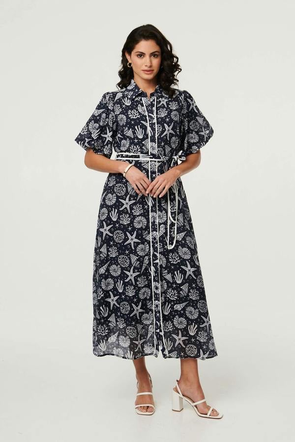 Navy | Tropical Print Puff Sleeve Midi Dress
