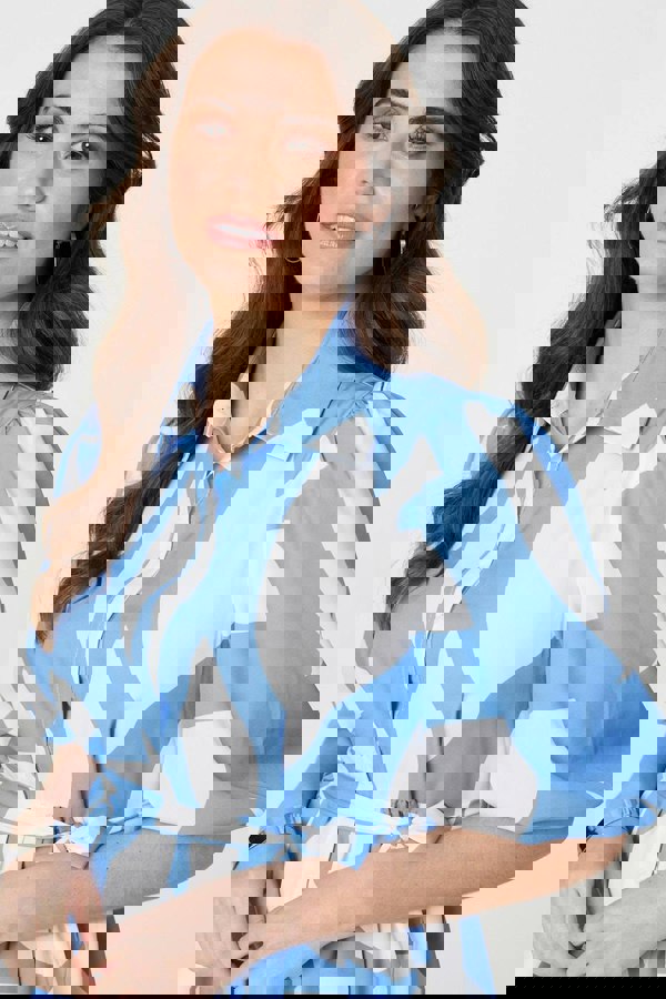 Blue | Abstract Puff Sleeve Tie Waist Blouse
