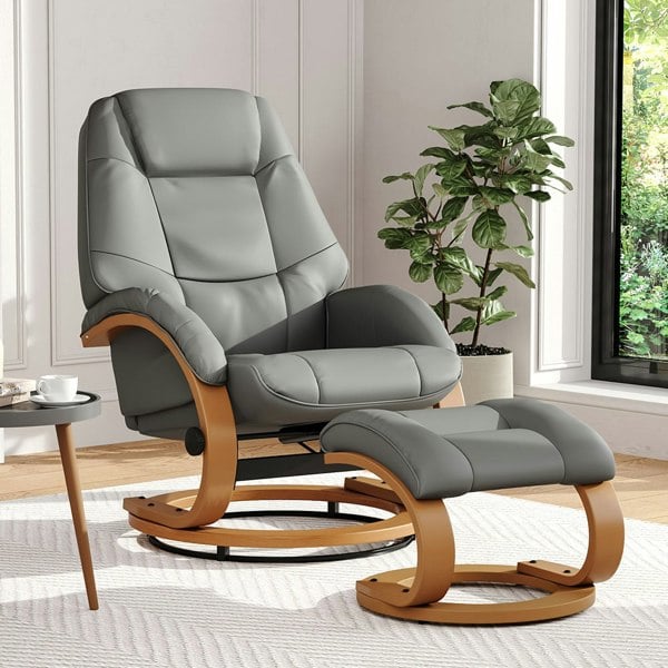 High Back PU Leather Recliner Armchair with Footstool Armchairs Living and Home Grey