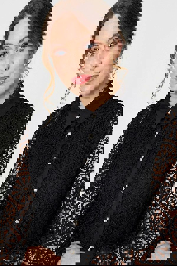 Black | Lace Layer Sheer Sleeve Cropped Shirt
