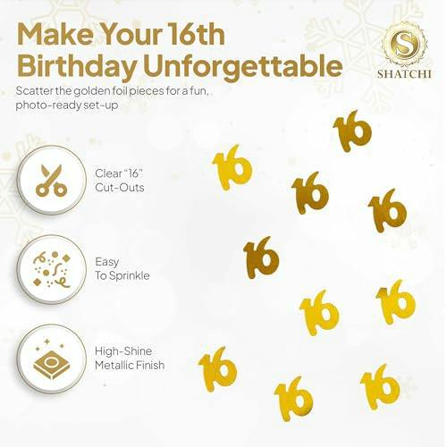 16th Birthday Gold Metallic Confetti Table Decoration Set, Foil Finish in 1, 2 or 4 Pack Options image 4