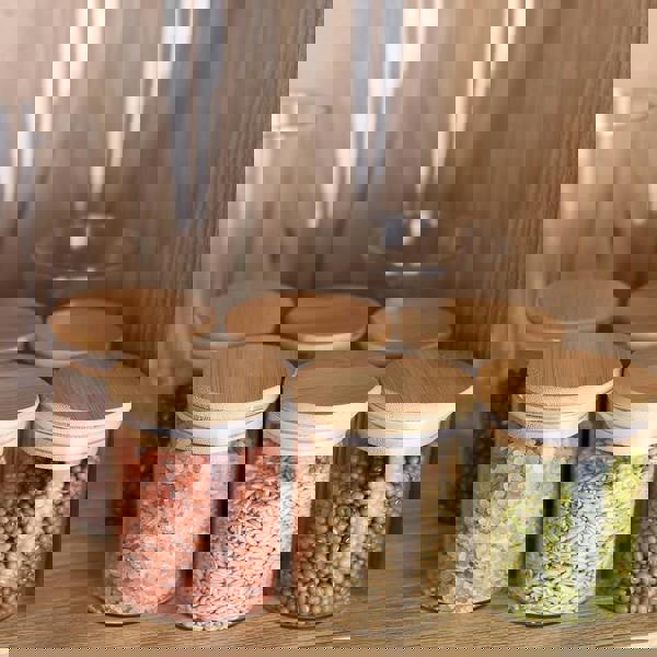 Living and Home 10pcs Glass Storage Jar Set with Bamboo Lids & Measuring Spoon