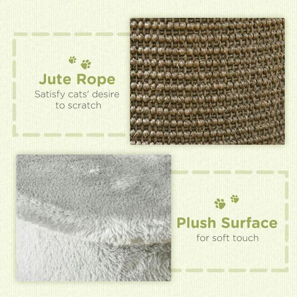 Close-up of sisal jute rope scratching surface and soft plush top on grey post