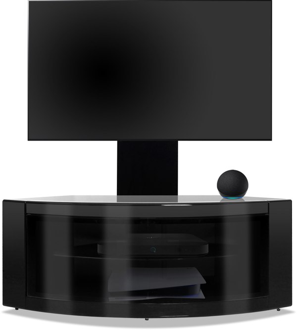 Centurion Supports PANGEA Gloss Black Beam-Thru Curved True-Corner 32"-50" TV Cabinet with Mounting Arm