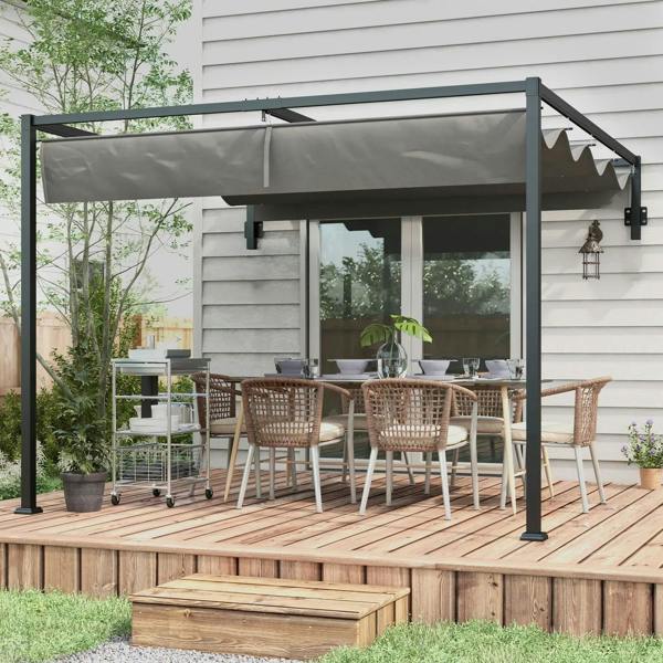 Dark grey lean-to pergola with retractable canopy over outdoor table and chairs