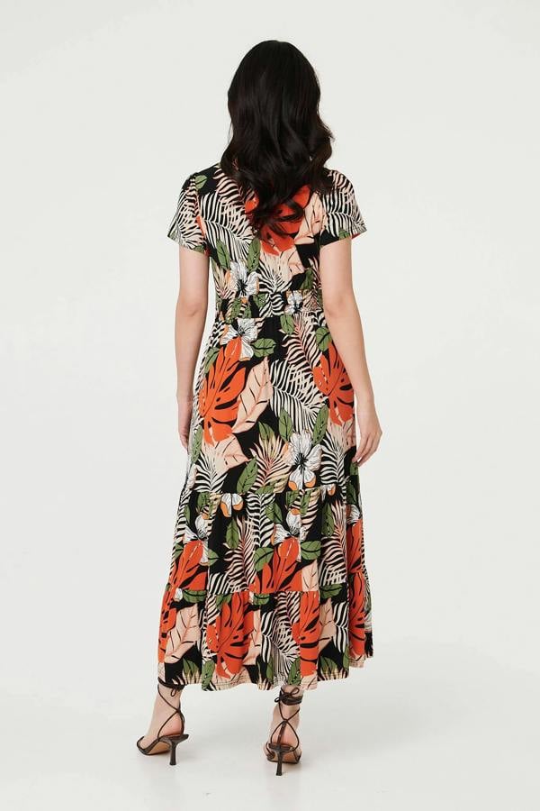 Black | Leaf Print Tiered Cap Sleeve Maxi Dress