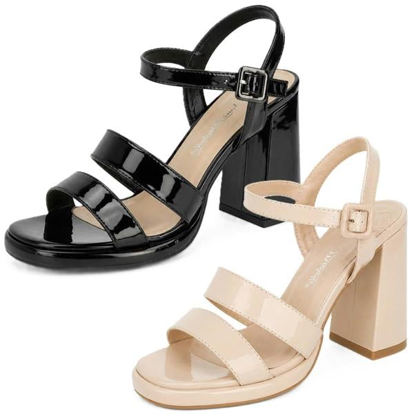 Anne Michelle Ladies Anne Michelle Chunky Heeled Double Strap Mule With Buckle Ankle Strap F12048