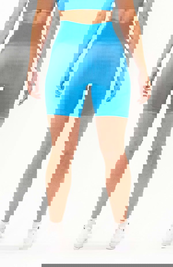 V3 Apparel Women's seamless Limitless high waisted cycle shorts in azure blue – Squat proof 5 inch inseam leg bum enhancing shorts for Gym workouts training, Running, yoga, bodybuilding and bikini fitness.