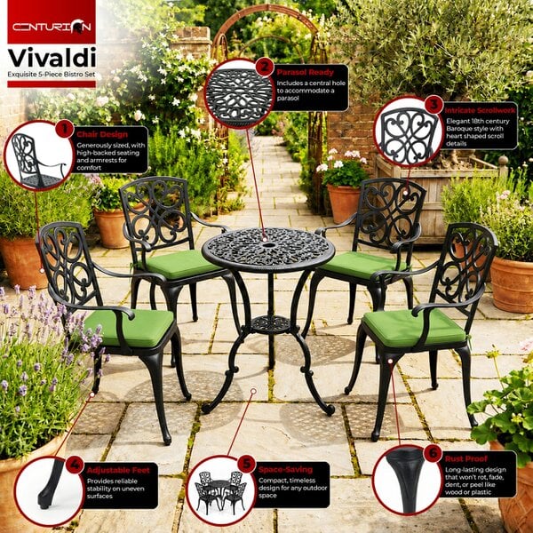 Centurion Supports VIVALDI Black 5-Piece Cast Aluminium Garden Bistro Set - with Green Cushions