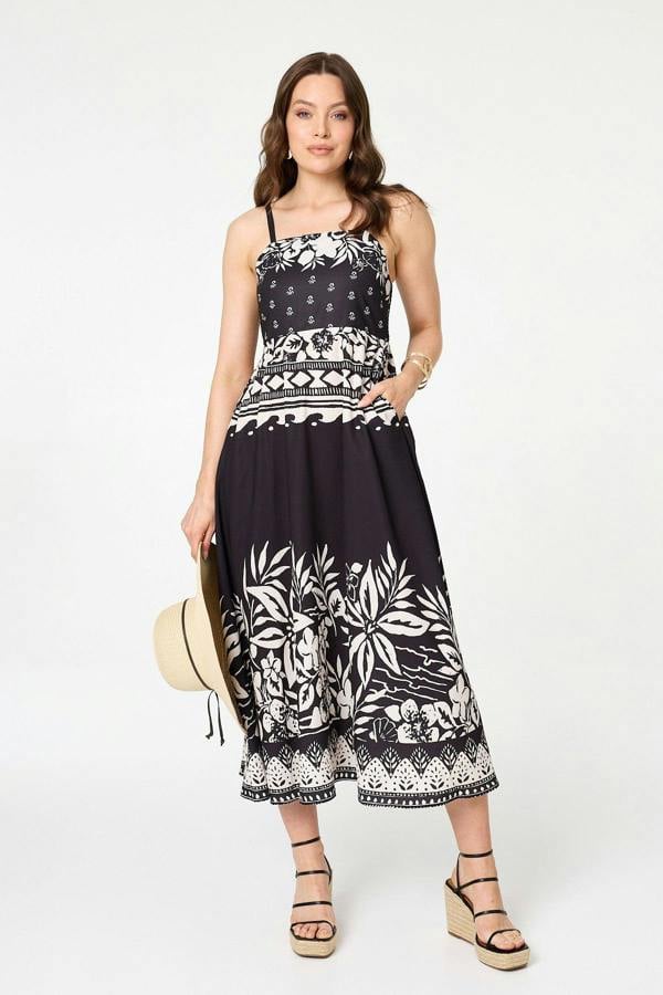 Black | Border Print Sleeveless Cami Midi Dress