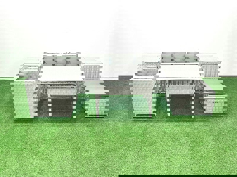 Fimous Rattan Garden Furniture Dining Set 5 Seater Lounge Sofa Chair Dining Table Set with Big Footstool Light Grey Mixed
