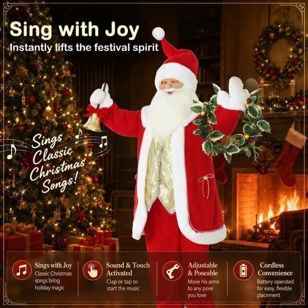 Bobobiy 5ft Life Size Singing Santa Claus, Standing Christmas Animated Santa Figure with Bell and Wreath, Sound/Touch Activated