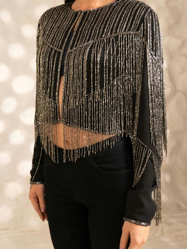 Rose & Nancy Scarlett Black Silver Fringe Jacket