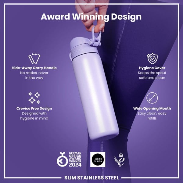 ION8 Leak Proof Slim Water Bottle, Stainless Steel, Light Purple, 600ml (20oz)