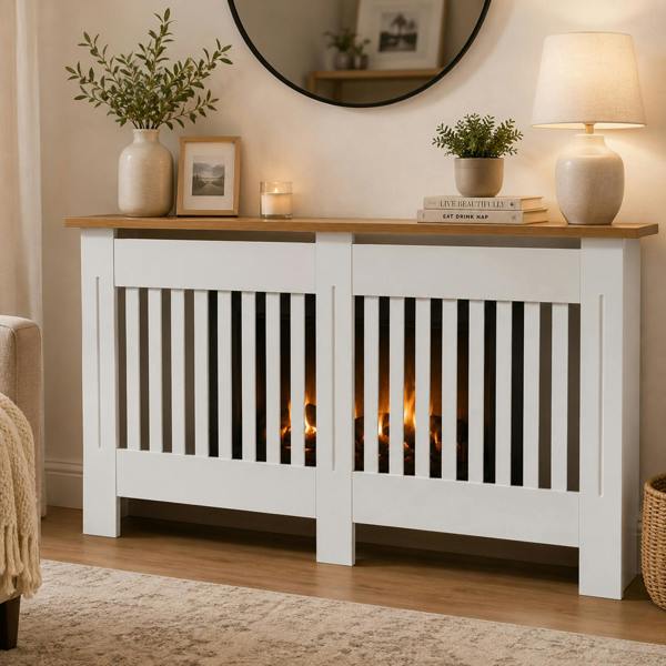 Gr8 Home Large White Wooden Radiator Cover MDF Slatted Grill Cabinet Display Shelf 152cm