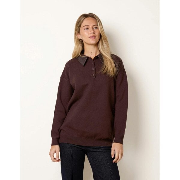 Blue Vanilla PU Woven Detailed Collar Knitted Polo Jumper
