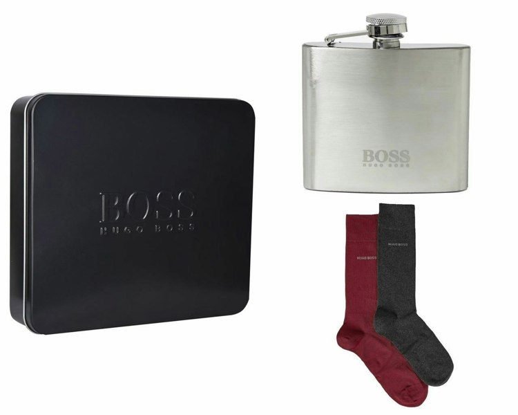 Hugo Boss Gift Set - 2 Pairs Mens Socks (1 PAIR RED 1 PAIR DARK GREY) UK SIZE 6-11 with Hip Flask