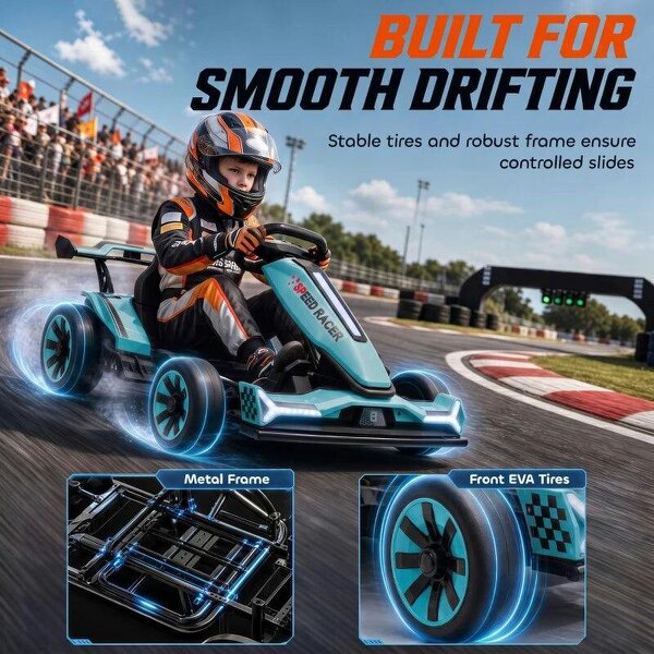 24V Electric Go Kart for Kids 6-12 Years with Drift Mode, Adjustable Seat, 3 Speed, Slow Start, Light Blue