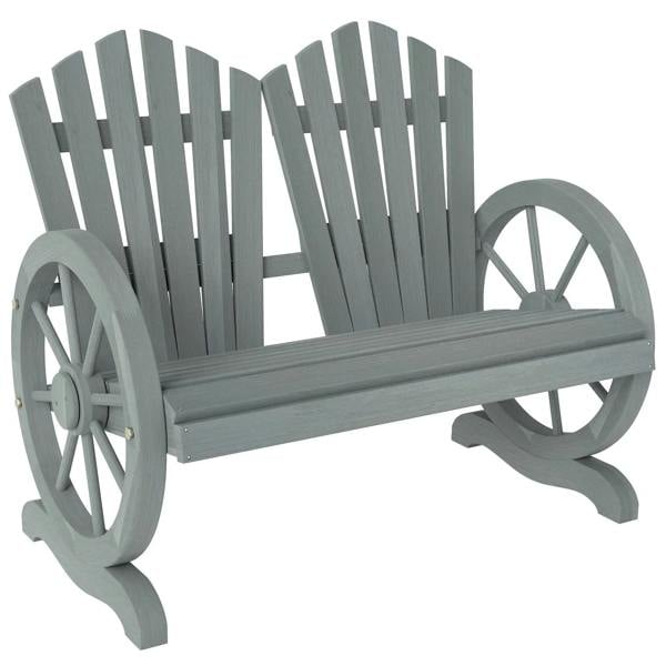 Grey wooden love seat with wheel-shaped armrests and slatted backrest