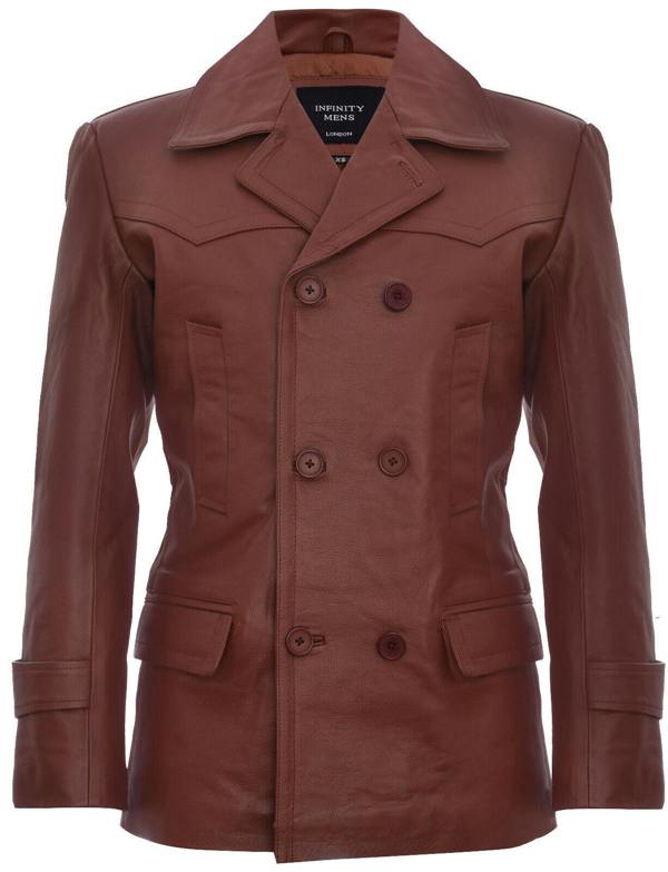 Infinity Leather Mens Cow Hide Dr Who Naval German Pea Coat Leather Jacket