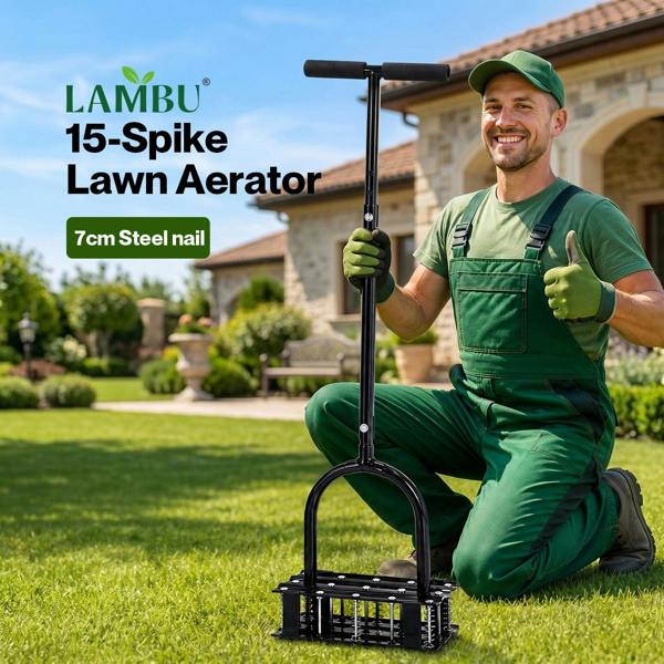 Lambu Lawn Aerator 15 Steel Spikes Adjustable Handle Deep Soil Tool Black