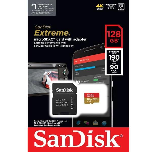 SanDisk Extreme microSDXC 190MBs UHSI U3 V30 with Adapter 128GB