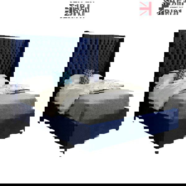 Casa Magna Volta Straight Winged Upholstered Soft Velvet Bed Frame - Blue