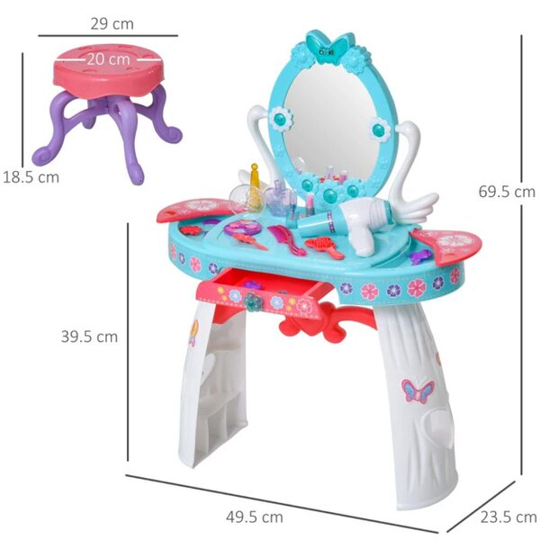 HOMCOM Kids Pretend Play Plastic Vanity Table Set - Blue