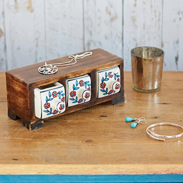 Paper High White Floral Mango Wood 3 Drawer Jewellery Box