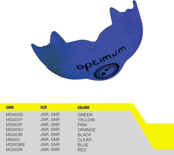 Blue Optimum Matrix mouthguard with black logo above size and colour code chart on yellow and white - Optimum