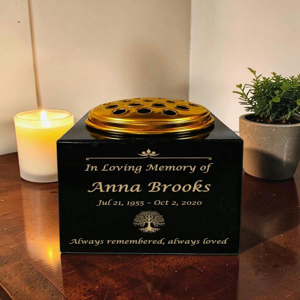 Memorials Direct Granite Memorial Vase with Tree of Life Design, Free Personalised Gold Engraving, Solid Granite 6 x 6 x 4 Inches