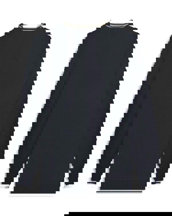 Lambretta Mens Smart Casual Knitted Long Sleeve Tipped Polo, navy blue sweater with ribbed cuffs and hem, featuring a contrasting striped collar.