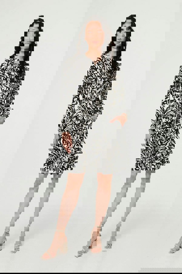 Black | Printed Long Sleeve Knee Length Dress
