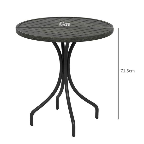 66cm round grey garden table with slatted top and four curved metal legs