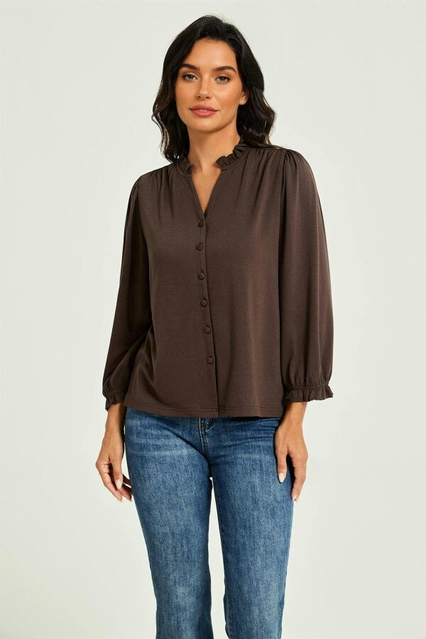 FS Collection Frill Neck Long Sleeve Jersey Blouse Brown