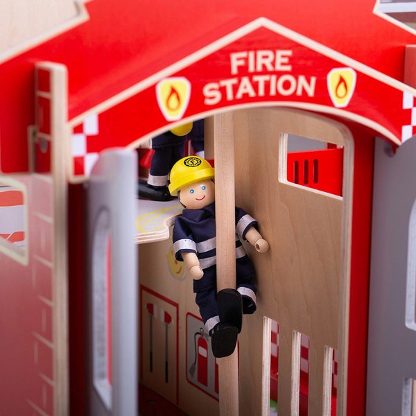 Bigjigs Toys Wooden City Fire Station Playset - Features A Training Tower & More