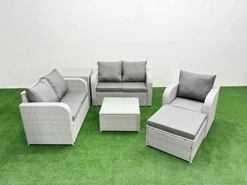 Fimous High Back Poly Rattan Garden Set, Reclining Loveseat Sofa, Square Coffee Table, Indoor Outdoor, Big Stool and Side Table, Light Grey