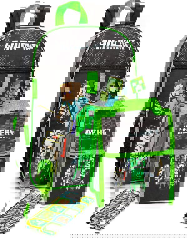 Minecraft Boys Black Creeper, Zombie, Steve 4 Piece Backpack Set (One Size)