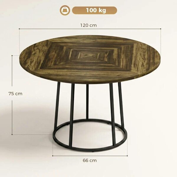 Dining Table Space Saving Kitchen Table Spliced Tabletop Conical Metal Base 120 cm Round Rustic Brown