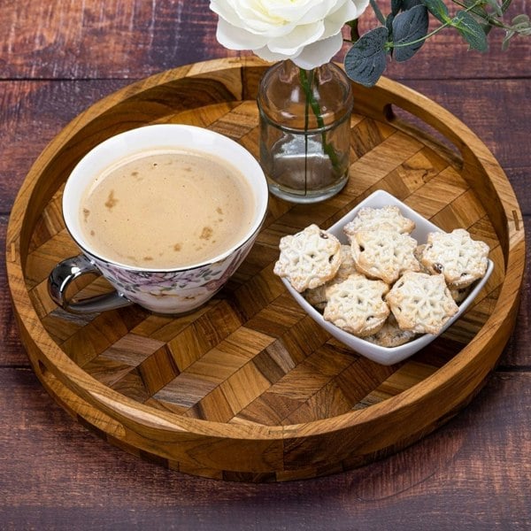 Paguro Herringbone Pattern Round Wooden Serving Tray