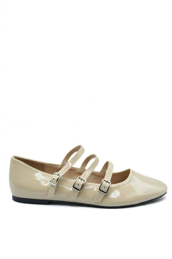 Gwen Strappy Buckle Detail Flat Shoes - Beige_wb