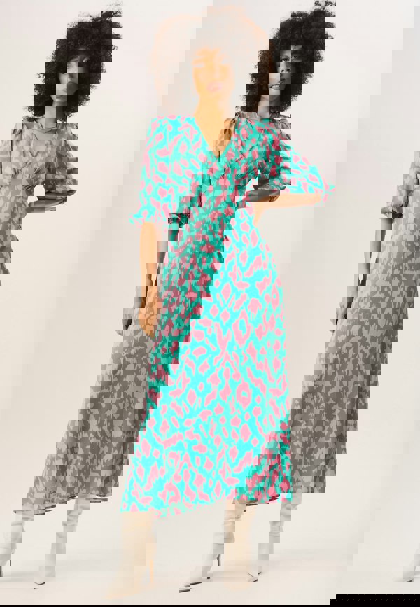 Gini London Green Animal Print V Neck Shift Midi Dress