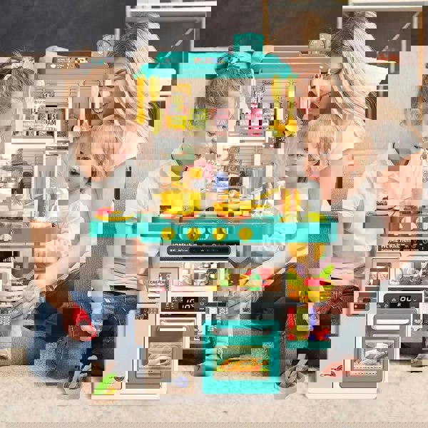 deAO Toys Kitchen Playset Green Kitchen Playset with Realistic Lights and Sounds, Simulated Spray Function