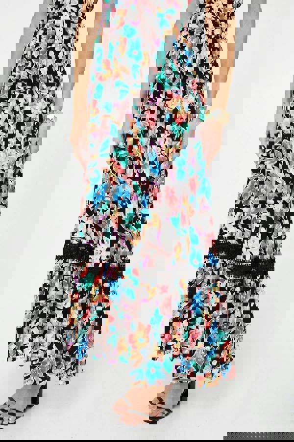 Black | Floral Lace Trim Cap Sleeve Maxi Dress
