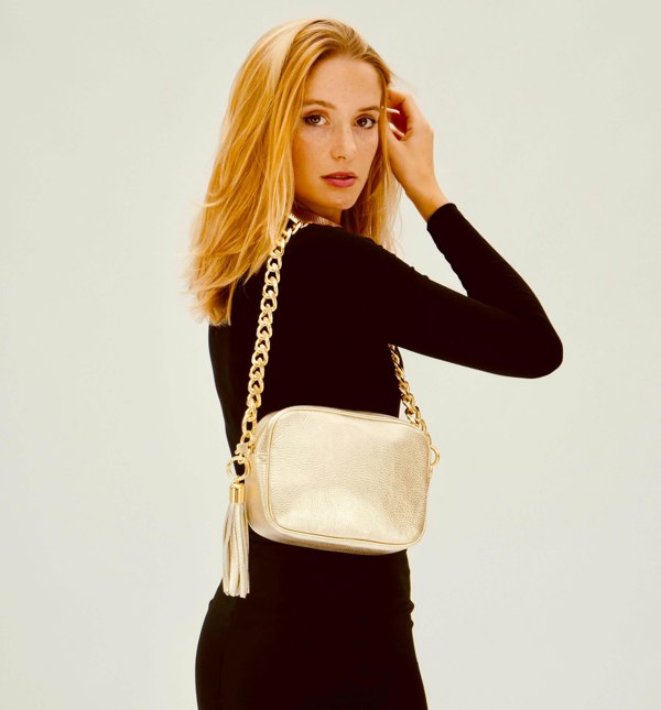 Apatchy London The Tassel Gold Leather Crossbody Bag With Gold Chain Strap