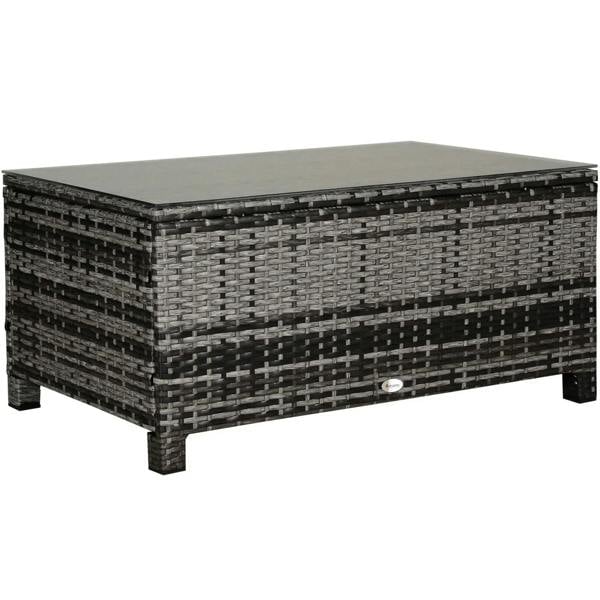 Grey PE rattan garden coffee table with clear glass top and dark woven sides.